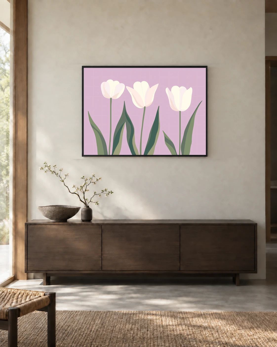 White Tulips on Lavender — styled room visualisation in a black frame