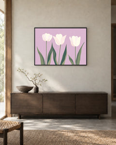 White Tulips on Lavender — styled room visualisation in a black frame
