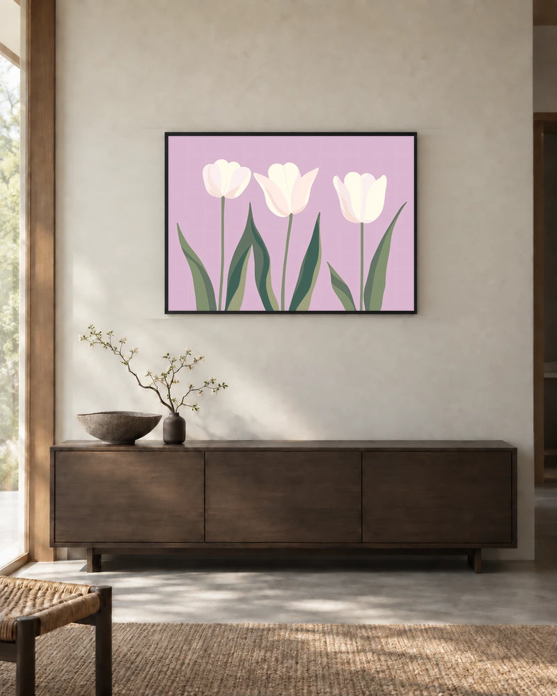 White Tulips on Lavender — styled room visualisation in a black frame