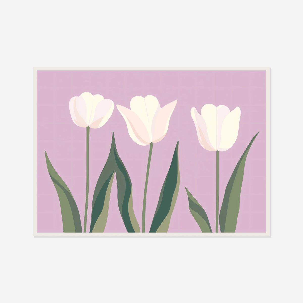 White Tulips on Lavender — front view in a white frame