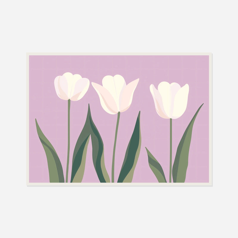 White Tulips on Lavender — front view in a white frame