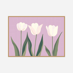 White Tulips on Lavender — front view in a natural wood frame