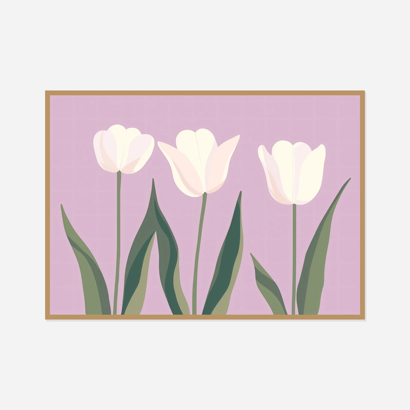 White Tulips on Lavender — front view in a natural wood frame