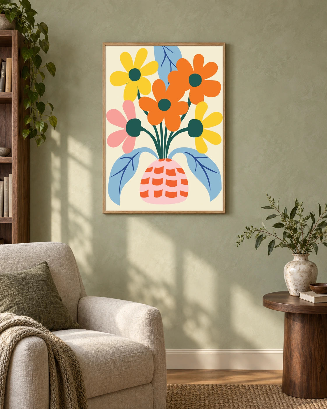 Wildflowers in a Patterned Vase — styled room visualisation in a natural wood frame