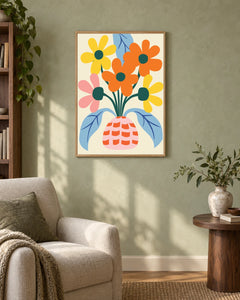 Wildflowers in a Patterned Vase — styled room visualisation in a natural wood frame