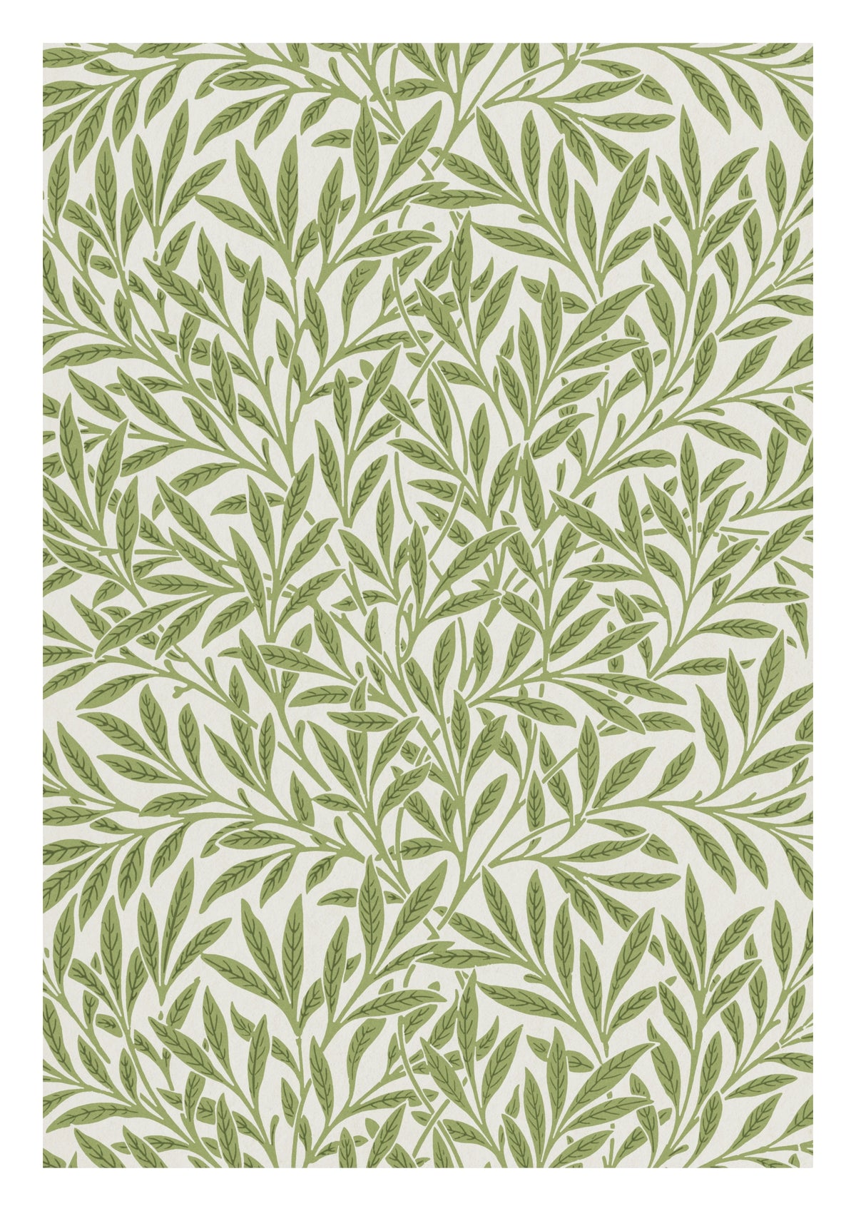 Willow Pattern Art Print by William Morris. Slender green willow leaves weave across a pale ground in a flowing botanical pattern