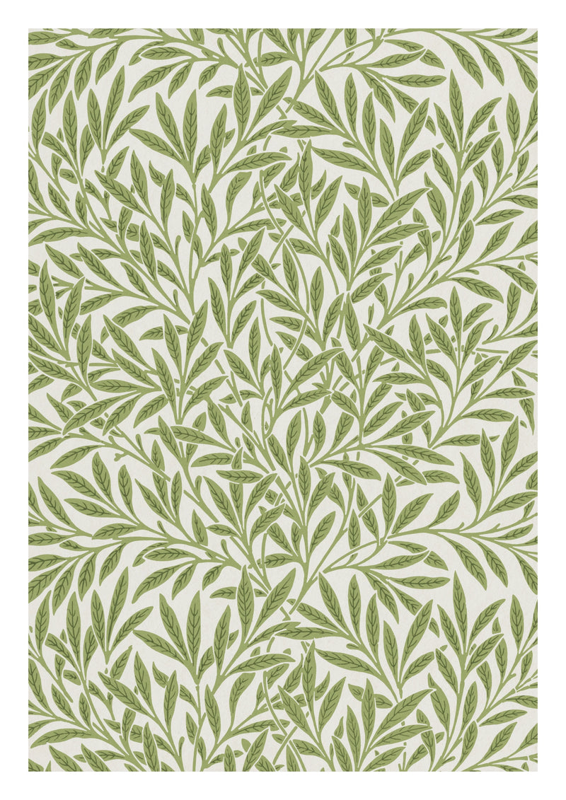 Willow Pattern Art Print by William Morris. Slender green willow leaves weave across a pale ground in a flowing botanical pattern
