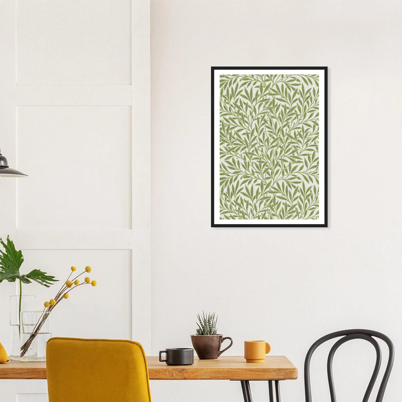Willow Pattern in a black frame above a dining table; styled room mockup