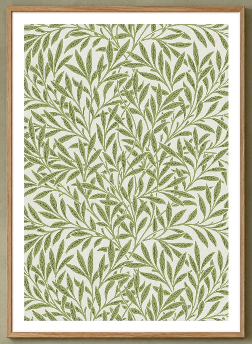 Willow Pattern Art Print by William Morris in a natural wood frame; close-up of the framed artwork.