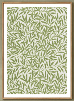 Willow Pattern Art Print by William Morris in a natural wood frame; close-up of the framed artwork.