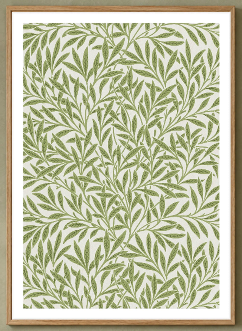Willow Pattern Art Print by William Morris in a natural wood frame; close-up of the framed artwork.