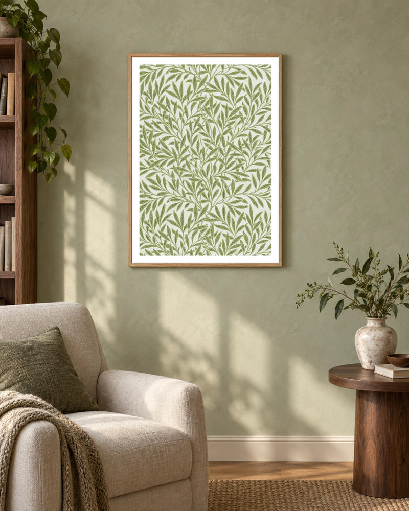 Willow Pattern Art Print by William Morris in a natural wood frame; styled botanical setting.
