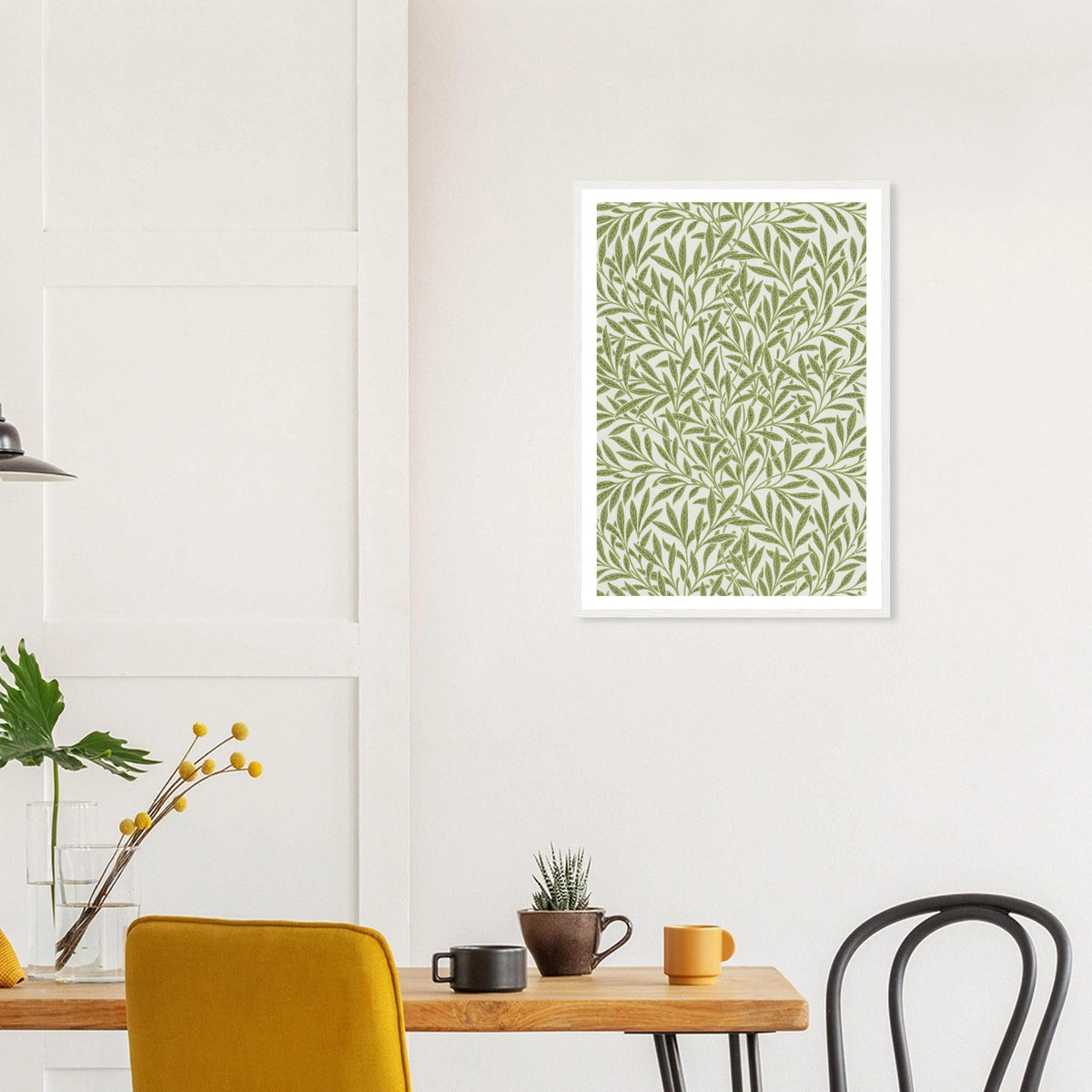 Willow Pattern in a white frame above a dining table; styled room mockup