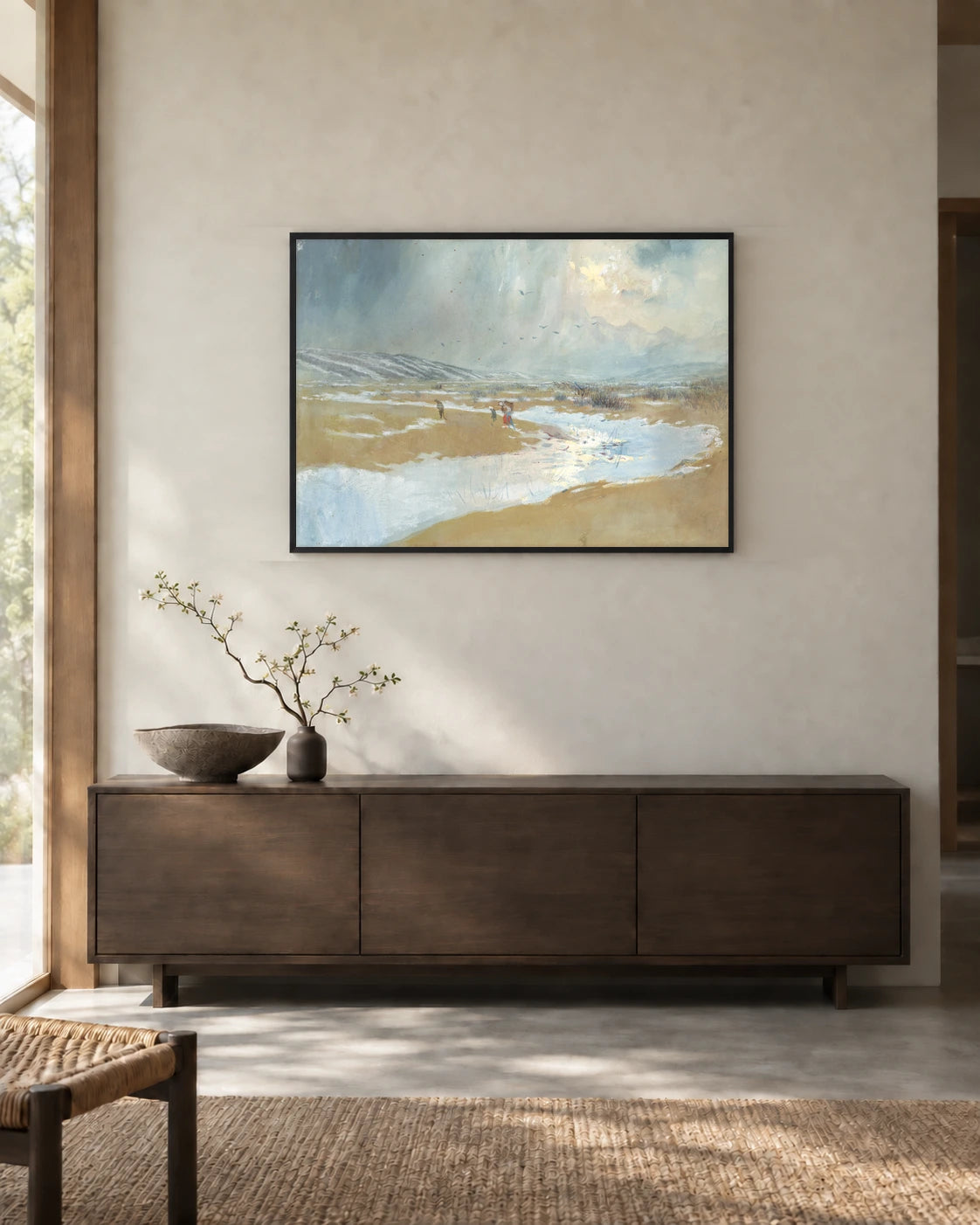 Winter Landscape — styled room visualisation in a black frame