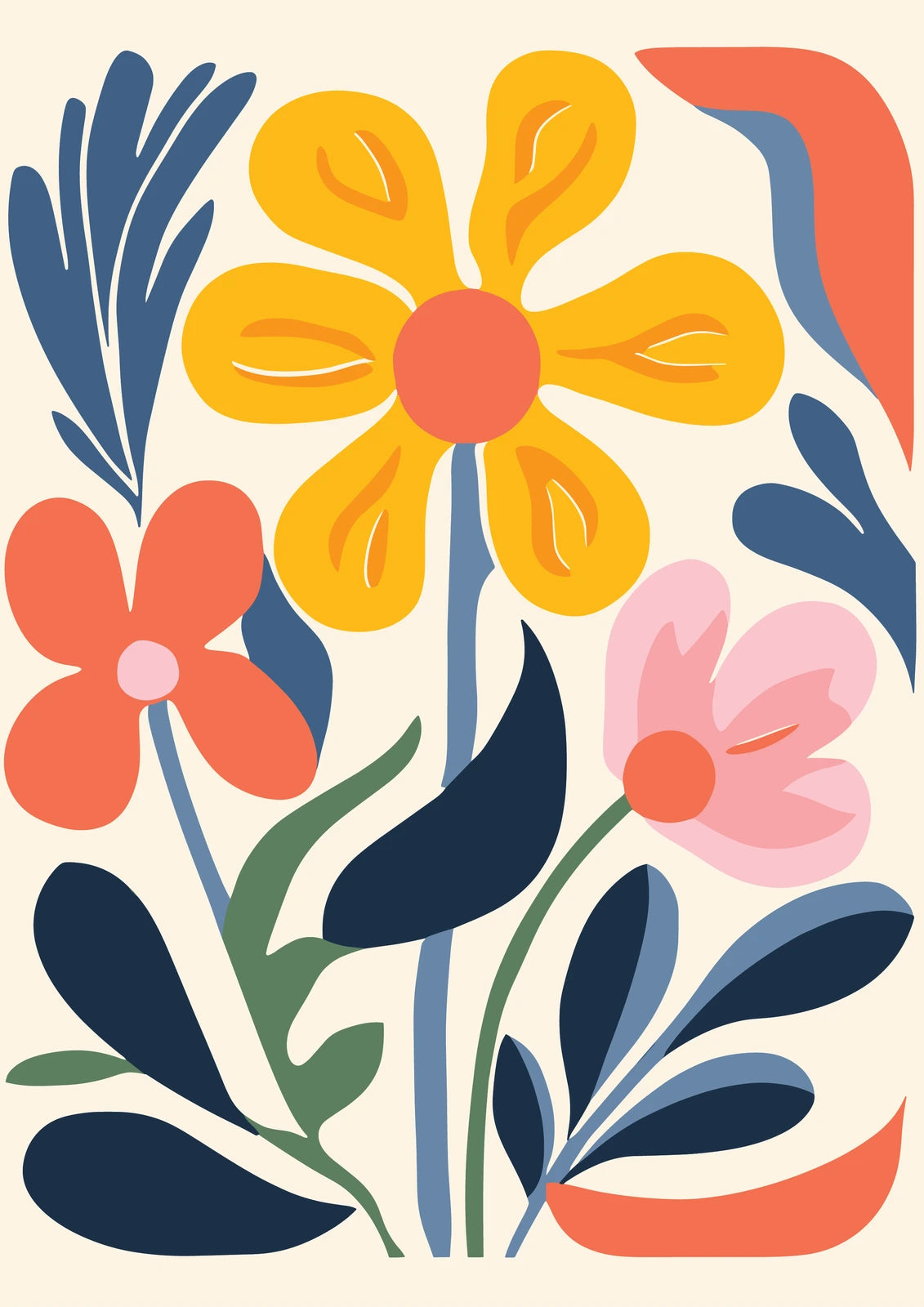 Yellow and Pink Folk Flowers — borderless A-series artwork