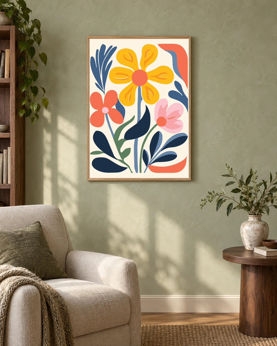Yellow and Pink Folk Flowers — styled room visualisation in a natural wood frame