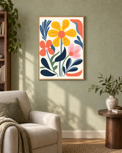 Yellow and Pink Folk Flowers — styled room visualisation in a natural wood frame