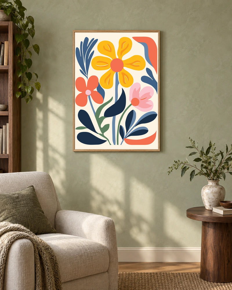 Yellow and Pink Folk Flowers — styled room visualisation in a natural wood frame