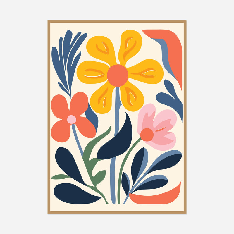 Yellow and Pink Folk Flowers — front view in a natural wood frame