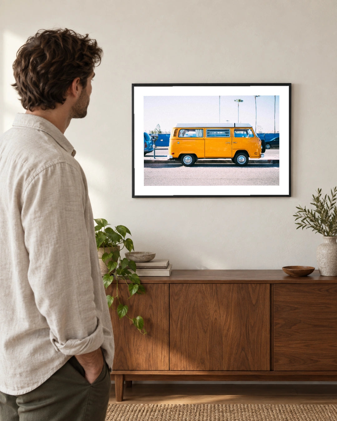 Yellow Van Coastal Photographic Print in a black frame; styled viewer landscape setting.